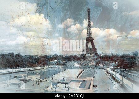 Eiffelturm in Paris. Grungelichtiges Retro-Image. Stockfoto