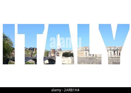 Italien - Länderzeichen mit Foto in Rom im Hintergrund. Isoliert auf weiß. Stockfoto