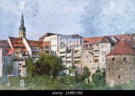 Bautzen, Deutschland - Skyline Der Altstadt. Grungelichtiges Retro-Image. Stockfoto