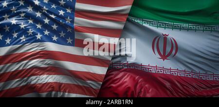 Vereinigte Staaten von Amerika gegen den Iran: Iranische Flaggen nebeneinander. Flaggen von Amerika und Iran, iranischer Herkunft. Stockfoto