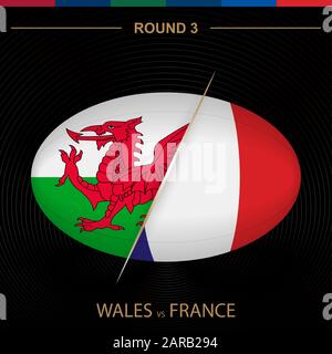 Wales im Vergleich zu Frankreich im Rugby-Turnier Runde 3, Rugby-Ikone in Kugelform auf schwarzem Hintergrund. Vektorvorlage. Stock Vektor