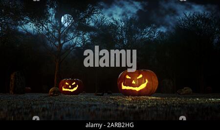 Gruseliger Baum, Kürbisse und Schädel. Design für Ihren Halloween-Urlaub - 3D-Illustration Stockfoto