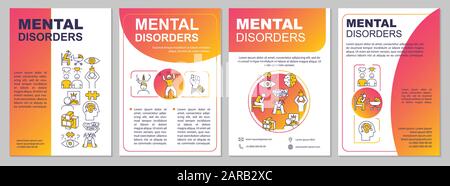 Prospektvorlage für psychische Störungen. Psychiatrische Probleme. Psychische Erkrankungen. Flyer, Broschüre, Broschürendruck, Coverdesign mit linearen Symbolen. Vecto Stock Vektor