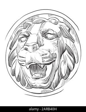 Altes Steinbass-Relief in Form eines Löwenkopfes mit offenem Mund, Vektorhandzeichnung in schwarzer Farbe isoliert auf weißem Grund Stock Vektor