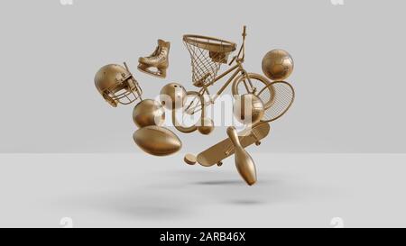 Zufällige Goldsportgeräte auf einfachem Hintergrund. Minimalistische 3D-Illustration Stockfoto