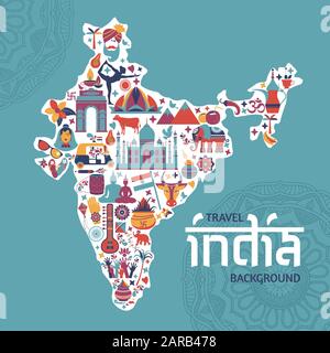 Traditionelle Symbole in Form einer Karte Indiens auf Blau Stock Vektor