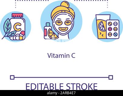 Symbol für das Vitamin-C-Konzept. Multivitaminkomplex. Nahrungsergänzungsmittel. Kosmetologie und Dermatologie. Skinkare Idea Thin Line Illustration. Vektor isoliert Stock Vektor