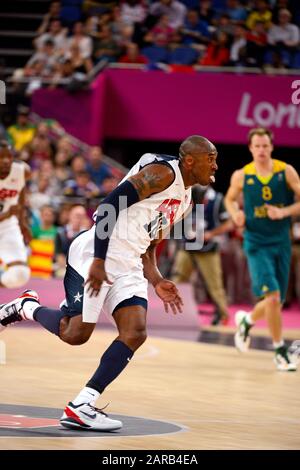 Datei: 27. Januar 2020. London, Großbritannien. August 2012. US-Basketballstar Kobe Bryant tritt im Viertelfinale des Basketballturniers bei den Olympischen Spielen 2012 in London für das Team USA gegen Australien an. Bryant zusammen mit seiner 13-jährigen Tochter Gianna wurde am Sonntag, 26. Januar 2019 bei einem Hubschrauberabsturz in Calabasas, Kalifornien, getötet Credit: Adam Stoltman/Alamy Live News Stockfoto