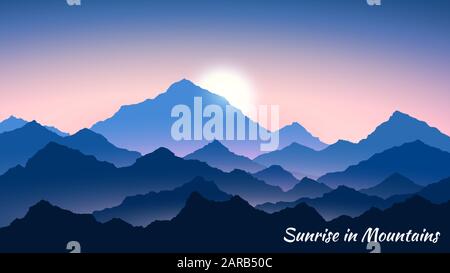 Sonnenaufgang in den Bergen. Berglandschaft am Morgen. Wandern - Blick auf den Morgen. Vektorhintergrund Stock Vektor