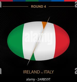 Irland im Vergleich zu Italien im Rugby-Turnier Runde 4, Rugby-Ikone in Kugelform auf schwarzem Hintergrund. Vektorvorlage. Stock Vektor