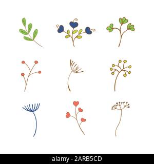 Set aus Blumen und Zweigen im Frühling und Sommer auf weißem Hintergrund. Farbenfrohe Illustration Stock Vektor