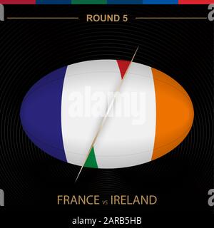 Frankreich im Vergleich zu Irland im Rugby-Turnier Runde 5, Rugby-Ikone in Kugelform auf schwarzem Hintergrund. Vektorvorlage. Stock Vektor