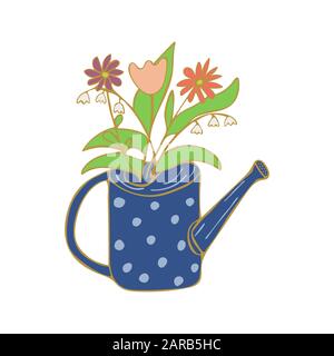 Gießkanne mit Blumen. Lilien des Tals, Tulpe, Gänseblümchen. Farbenfrohe Illustration. Frühlings- und Sommerkonzept Stock Vektor