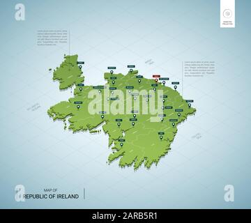 Stilisierte Karte von Irland. Isometrische 3D-Grünkarte mit Städten, Grenzen, Hauptstadt Dublin, Regionen. Vektorgrafiken. Editierbare Ebenen, die deutlich beschriftet sind. E Stock Vektor