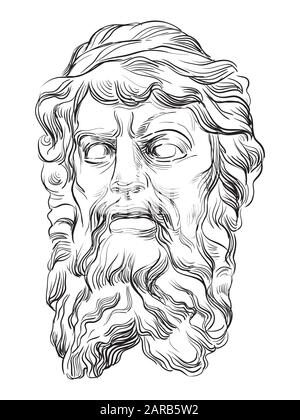 Altes Stein-Basrelief in Form eines menschlichen Kopfes mit Bart, Vektorhandzeichnung in schwarzer Farbe isoliert auf weißem Hintergrund. Stock Vektor