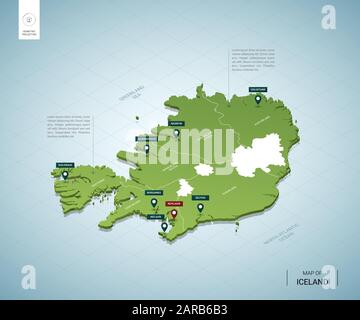 Stilisierte Karte von Island. Isometrische 3D-Karte mit Städten, Grenzen, Hauptstadt Reykjavik, Regionen. Vektorgrafiken. Editierbare Ebenen, die deutlich beschriftet sind Stock Vektor