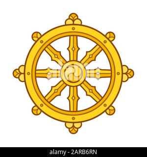Dharmachakra (Dharma-Rad) Symbol im Buddhismus. Goldenes Radzeichen Art. Isolierte Vektorgrafiken. Stock Vektor