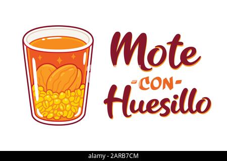 Mote con Huesillo, traditionelles chilenisches Getränk mit getrockneten Pfirsichen und gekochtem Weizen. Zeichnung eines typischen Sommergetränks in Chile. Handzeichnen im Cartoon-Stil Stock Vektor
