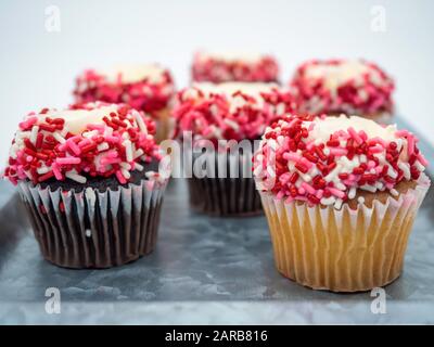 Rustikales silbernes Tablett mit Schokolade und Vanillekuchen, die mit Frost bedeckt sind, rot, weiß und pink gesprinklt, direkt oben in der Nähe. Perfekt Stockfoto