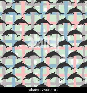 Nahtlose Muster mit schwarzen Silhouetten der Delphine. Vector Illustration Stock Vektor