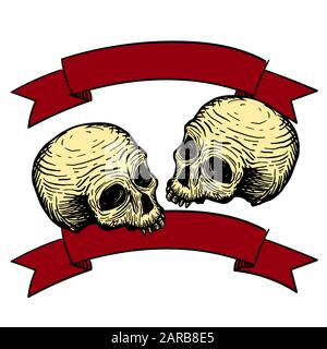 Zwei Schädel mit Farbband für Text. Abbildung der Vektorhandzeichnung Stock Vektor