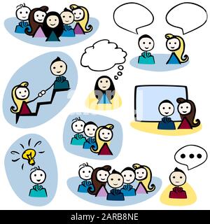 Set 9 Icons Stick Person female Male bunt speach ballon stair Light Bulb presentation think  by jziprian Stock Vektor
