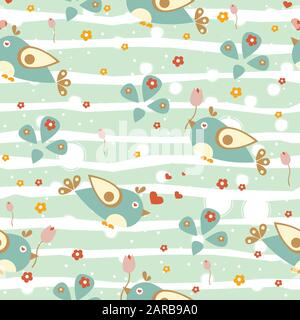 Nahtlose Muster mit lustigen Vögel auf dunklem Hintergrund. Vector Illustration Stock Vektor