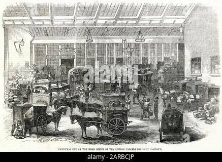 London Parcels Delivery Company, Hauptsitz im Rolls-Gebäude, Fetter-Lane, London. Der Hof mit Hektik und Aktivität wartet auf ihre Aufgabe. Datum: 1862 Stockfoto