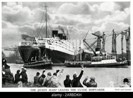 RMS Queen Mary (Cunard-White Star Liner) verlässt die John Brown Schiffswerften am Fluss Clyde, in der Nähe von Glasgow, nach ihrer Fertigstellung. Stockfoto