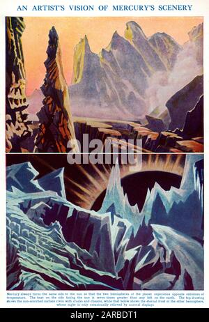 Zwei Ausblicke auf die Oberfläche des Planeten Quecksilber -- eine sonnenverwöhnte Gegend und eine frostige Gegend. Stockfoto