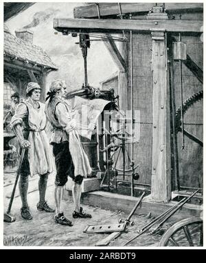 James Watt, schottischer Ingenieur, bei der Arbeit an der Dampfmaschine. Stockfoto