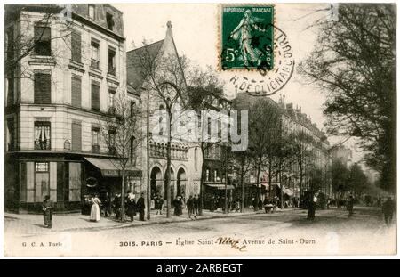 Kirche St. Michel (links), Avenue de St Ouen, Paris, Frankreich. Stockfoto