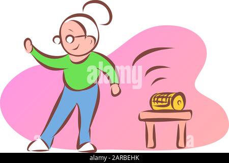 Eine fröhliche, energische Großmutter tanzt zur Musik. Auf dem Hocker befindet sich ein Spieler. Rosafarbener Hintergrund. Vektor-Cartoon-Illustration. Stock Vektor