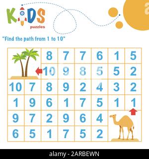 Suchen Sie den Pfad zwischen 1 und 10. Einfaches, farbenfrohes Mathe-Arbeitsblatt für Kinder in der Vorschule, der Grundschule und der Mittelschule. Stock Vektor