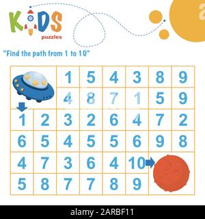 Suchen Sie den Pfad zwischen 1 und 10. Einfaches, farbenfrohes Mathe-Arbeitsblatt für Kinder in der Vorschule, der Grundschule und der Mittelschule. Stock Vektor