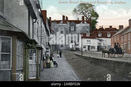 Lower Broad Street und Broadgate, Ludlow, Shropshire. Stockfoto
