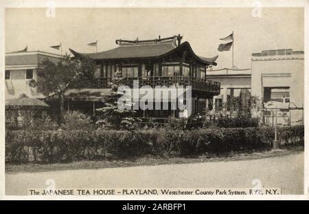 Japanisches Teehaus, Playland, Rye, Long Island Sound, Westchester County Park System, New York State, USA. Stockfoto