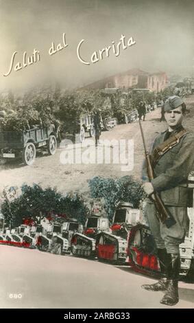 Italienische Propaganda Postkarte - Invasion Albaniens durch das italienische Panzerregiment (diese Karte feiert die mutigen Panzerfahrer) 7-12. April 1939. Der Konflikt war das Ergebnis der imperialistischen Politik des italienischen Diktators Benito Mussolini. Albanien wurde rasch überrannt, sein Herrscher, König Zog I, wurde ins Exil gezwungen, und das Land wurde als Protektorat in einer persönlichen Union mit der italienischen Krone Teil des italienischen Reiches. Stockfoto