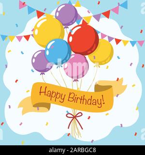 Fröhlicher Geburtstag, bunte Vektorgrafik-Grußkarte mit Ballons, Band, Konfetti und Girlanden Dekoration Stock Vektor