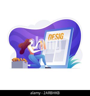 Grafikdesign Arbeitsplatz mit Computer oder digitalem Tablet. Designer erstellt Stil moderne Vektorgrafiksymbole Set mit Grafikdesignern. Stock Vektor