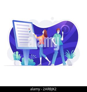 Online-Umfrage: Mitarbeiter aus dem Unternehmen füllen das Online-Umfrageformular auf dem Smartphone-Bildschirm aus. Formular für Internetfragebogen, Marketingforschungsinstrument und Ziel Stock Vektor