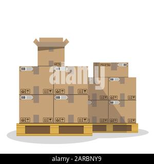 Kartonboxen mit empfindlichen Schildern und Notizband. Fracht. Verschieben. Stock Vektor