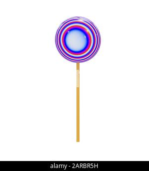 Karamellbonbons in Form eines runden Lollipops auf einem Holzstab, mehrfarbige abstrakte Spiralen. Realistisches 3D-Rendering, isoliert auf weißem Hintergrund, Stockfoto