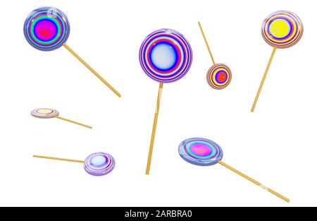 Karamellbonbons in Form eines runden Lollipops auf einem Holzstab, mehrfarbige abstrakte Spiralen. Realistisches 3D-Rendering, auf weißem Hintergrund isolieren Stockfoto