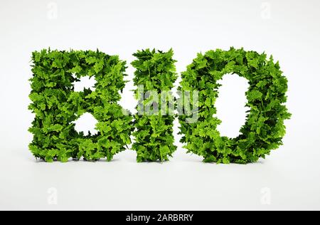 3D gerendertes ökologisches Textbild, das aus vielen Blättern besteht Stockfoto