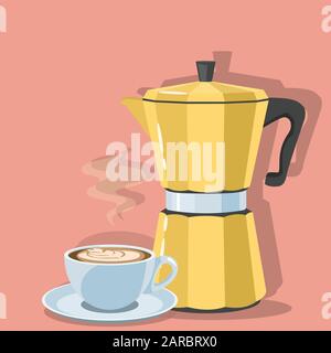 Kaffee. Vintage Geysir Kaffeemaschine mit einer Tasse Kaffee Stock Vektor