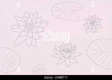 Vector Art beige konturierte lotusblüten auf Wasser mit Blatthintergrund. Friedlich romantische, niedliche Blumen in Teichzeichnung. Stock Vektor