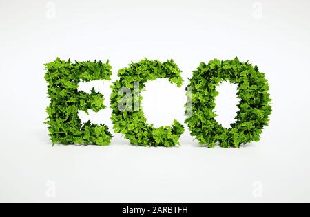 3D gerendertes ökologisches Textbild, das aus vielen Blättern besteht Stockfoto