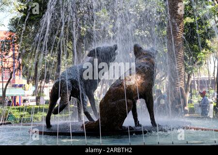 Zwei Kojota-Statue inmitten eines Brunnens in der Coyoacan-Nachbarschaft von Mexiko-Stadt Stockfoto