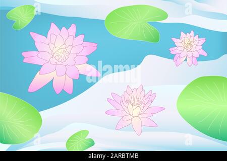Bunte Vektorgrafiken pinkfarbene lotusblüten auf dem Wasser mit grünen Blättern mit blauem Gradientenhintergrund. Ruhige romantische, niedliche Blumen im Teich Stock Vektor
